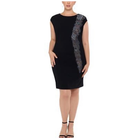 Xscape Dresses & Skirts - XSCAPE Womens Black Cap Sleeve Jewel
Neck Above The Knee Evening Body Con
Dress